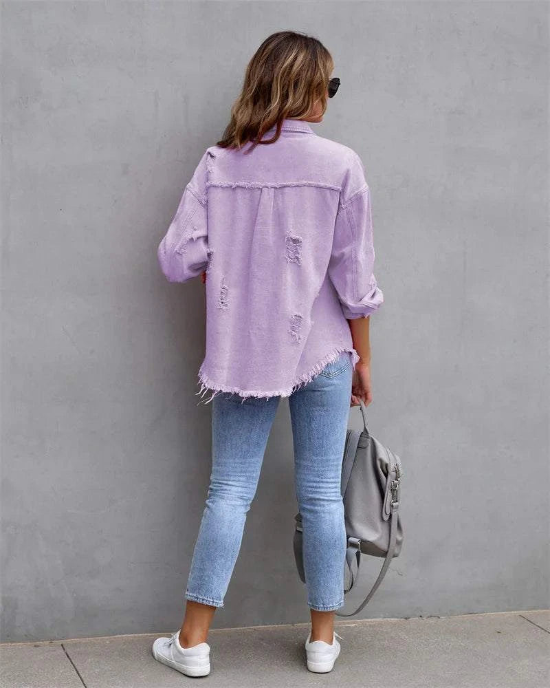 Raw-Edges Denim Jacket | Casual Women’s Outerwear for Spring & Autumn Step out in style with this 2025 women’s raw-edges denim jacket, perfect for spring and autumn. Featuring a trendy shirt-style design with unique holes, this casual Shop All I WantShop All I WantRaw-Edges Denim Jacket