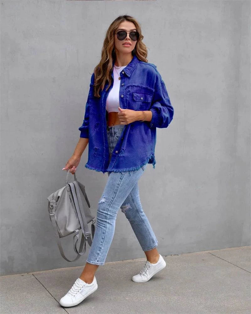 Raw-Edges Denim Jacket | Casual Women’s Outerwear for Spring & Autumn Step out in style with this 2025 women’s raw-edges denim jacket, perfect for spring and autumn. Featuring a trendy shirt-style design with unique holes, this casual Shop All I WantShop All I WantRaw-Edges Denim Jacket