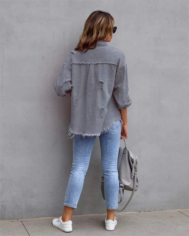 Raw-Edges Denim Jacket | Casual Women’s Outerwear for Spring & Autumn Step out in style with this 2025 women’s raw-edges denim jacket, perfect for spring and autumn. Featuring a trendy shirt-style design with unique holes, this casual Shop All I WantShop All I WantRaw-Edges Denim Jacket