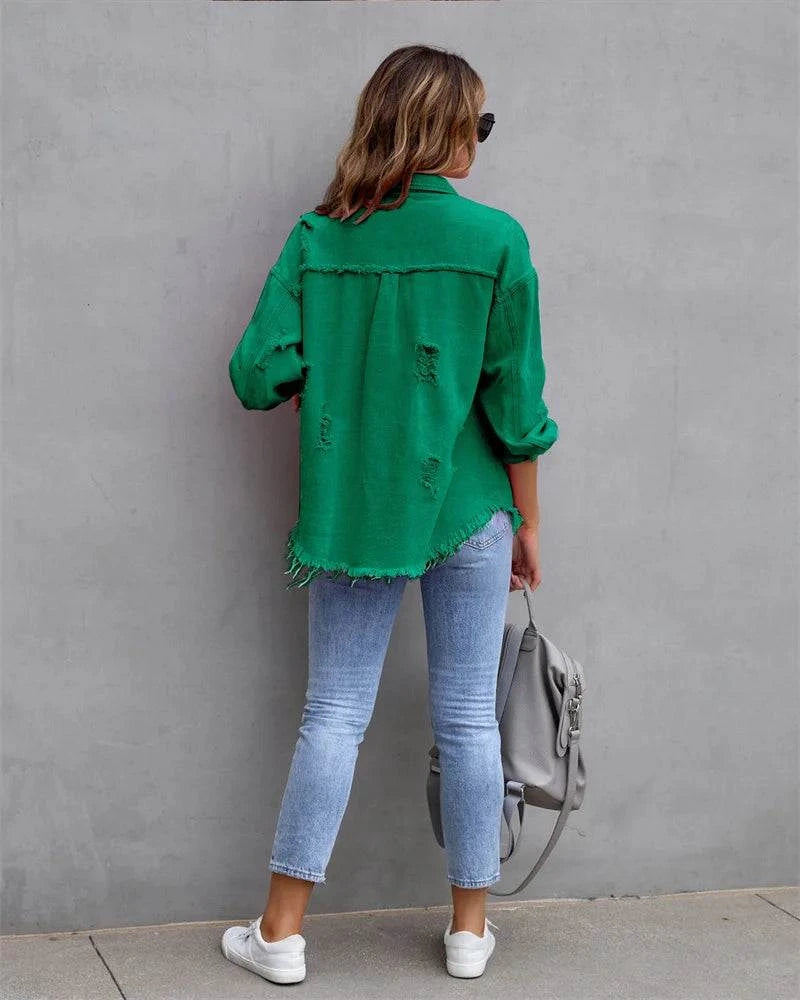 Raw-Edges Denim Jacket | Casual Women’s Outerwear for Spring & Autumn Step out in style with this 2025 women’s raw-edges denim jacket, perfect for spring and autumn. Featuring a trendy shirt-style design with unique holes, this casual Shop All I WantShop All I WantRaw-Edges Denim Jacket