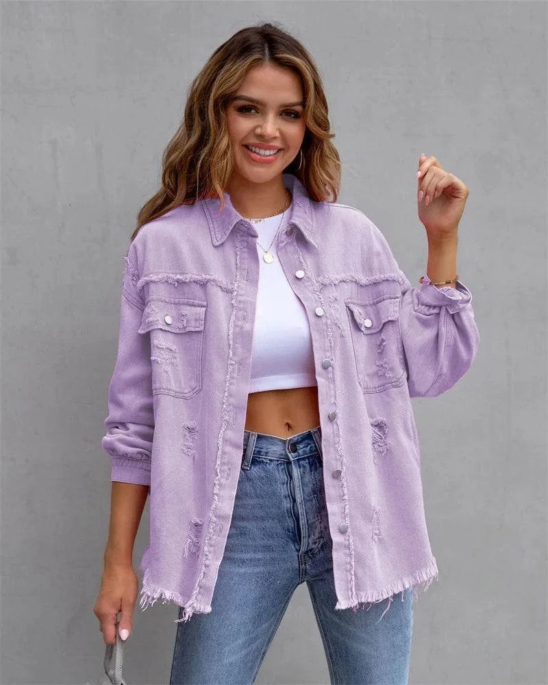 Raw-Edges Denim Jacket | Casual Women’s Outerwear for Spring & Autumn Step out in style with this 2025 women’s raw-edges denim jacket, perfect for spring and autumn. Featuring a trendy shirt-style design with unique holes, this casual Shop All I WantShop All I WantRaw-Edges Denim Jacket