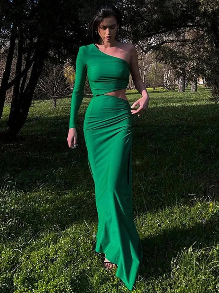 Long Sleeve One Shoulder Maxi Dress - Prom Ready 💖Glam 🌴Prom-ready glam that turns heads in Miami. Our stunning one-shoulder maxi dress combines elegance with a touch of drama. Featuring long sleeves, a sleek silhouette, SHOP ALL I WANTShop All I WantShoulder Maxi Dress - Prom Ready Glam
