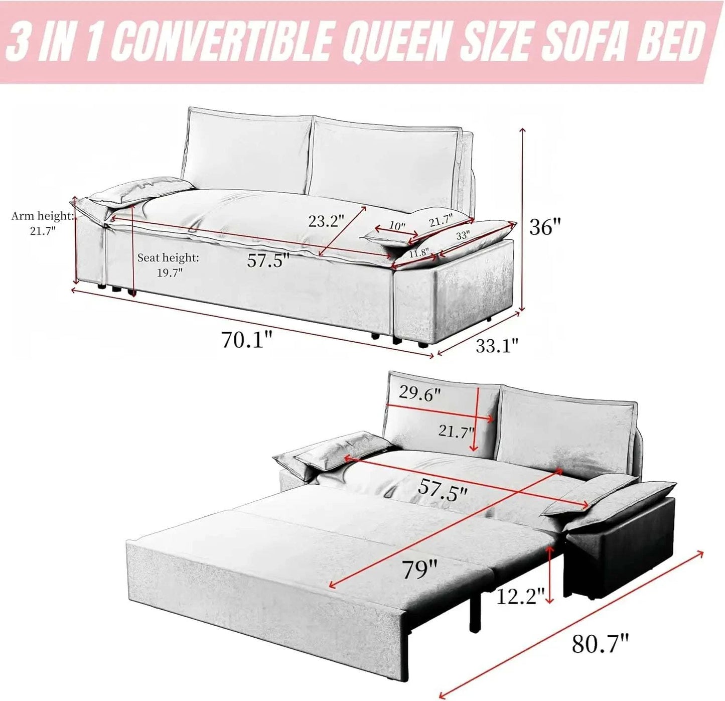 3-in-1 Convertible Queen Bed Sofa Size: 33.1 x 70.1 x 36Transform your sitting room designs with this Size: 33.1 x 70.1 x 36 3-in-1 Convertible Queen Bed Sofa, the perfect blend of style and versatility for modern home deShop All I WantShop All I Want-1 Convertible Queen Bed Sofa