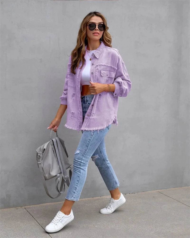 Raw-Edges Denim Jacket | Casual Women’s Outerwear for Spring & Autumn Step out in style with this 2025 women’s raw-edges denim jacket, perfect for spring and autumn. Featuring a trendy shirt-style design with unique holes, this casual Shop All I WantShop All I WantRaw-Edges Denim Jacket