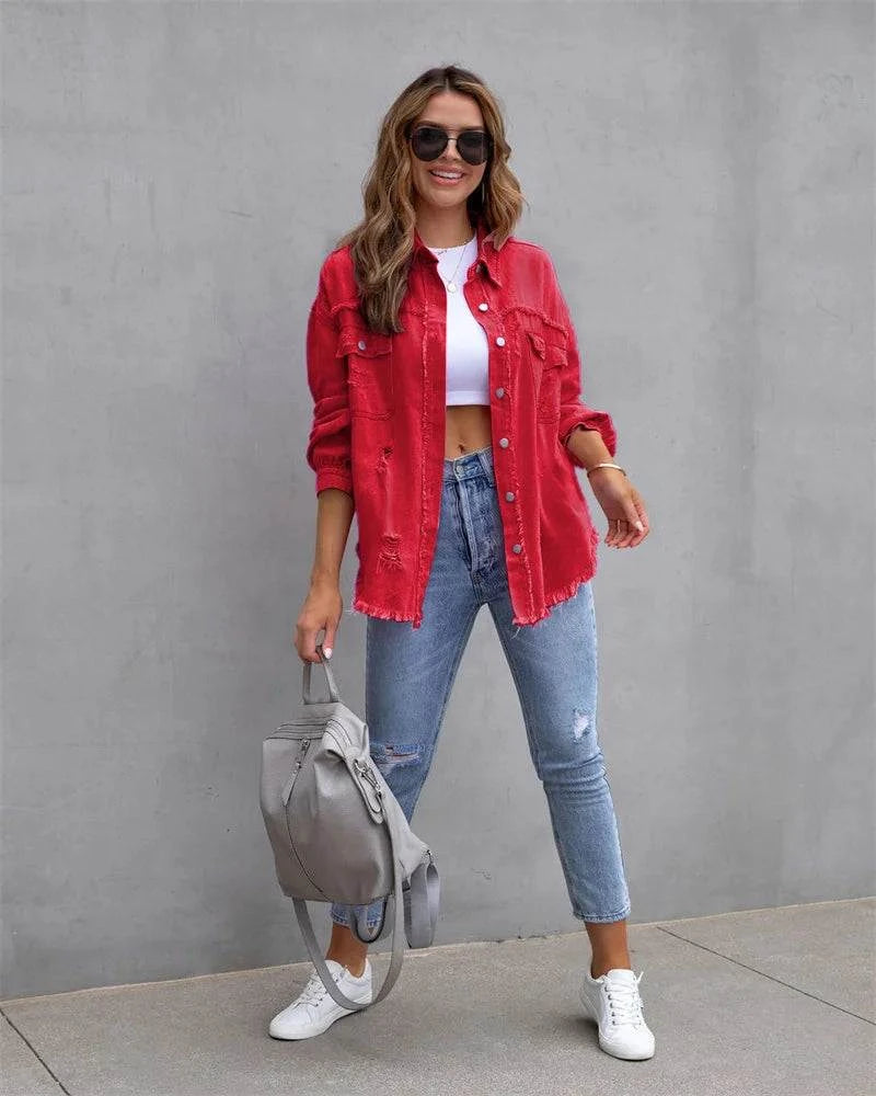 Raw-Edges Denim Jacket | Casual Women’s Outerwear for Spring & Autumn Step out in style with this 2025 women’s raw-edges denim jacket, perfect for spring and autumn. Featuring a trendy shirt-style design with unique holes, this casual Shop All I WantShop All I WantRaw-Edges Denim Jacket