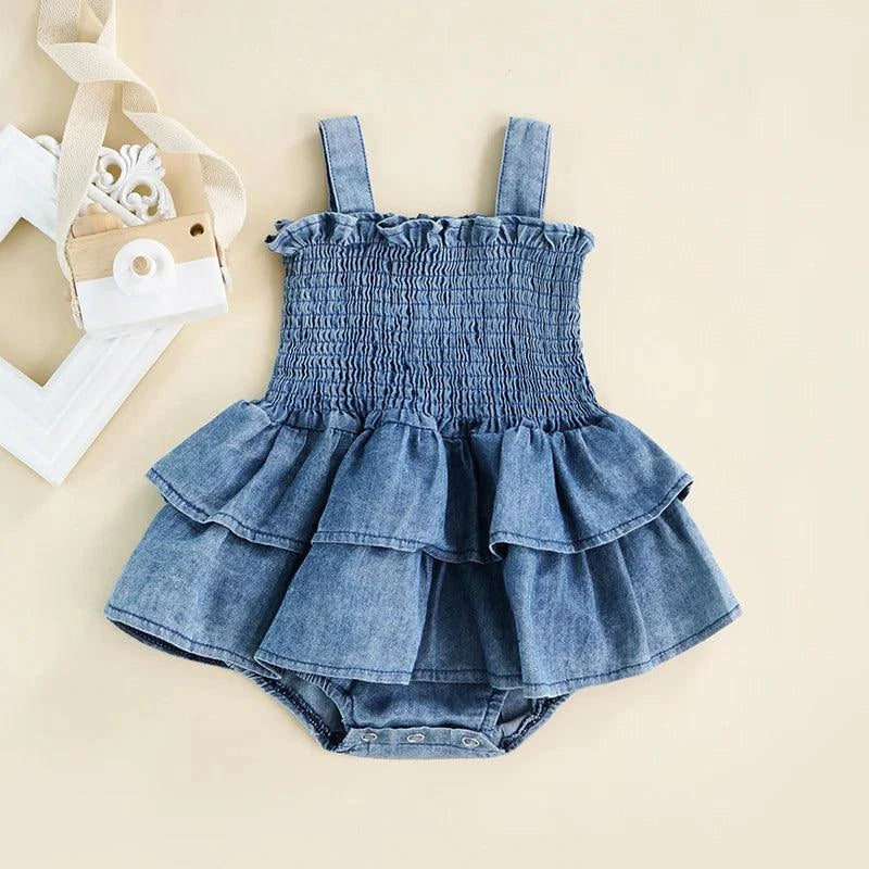 Baby Summer Denim Romper – Sleeveless, Ruffle Hem, Suspender Design wiDress your little one in style with this Baby Summer Denim Romper. Featuring a sleeveless design, ruffle hem, and a suspender style with snap buttons, this cute jumpShop All I WantShop All I WantBaby Summer Denim