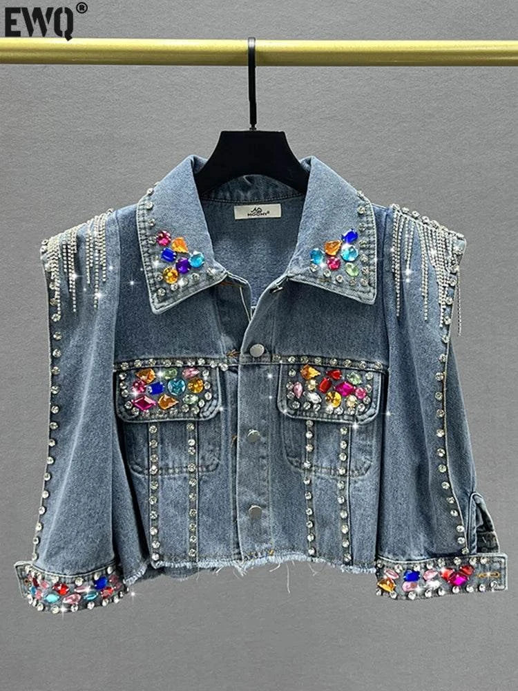 Colorful Diamond Denim Jacket: Trendy Tassel & Rivet Style! ✨This eye-catching jacket features vibrant diamond embellishments and stylish tassels, perfect for making a bold fashion statement. With long sleeves and a comfortablShop All I WantShop All I WantColorful Diamond