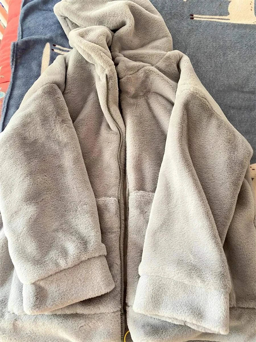 Hooded Faux Rabbit Fur Jacket – Loose Thicken Plush Coat for Women, LuStay cozy and stylish this winter with our Hooded Warm Loose Faux Rabbit Fur Jacket. Designed for ultimate comfort, this thicken plush coat features a luxurious fauxShop All I WantShop All I WantHooded Faux Rabbit Fur Jacket – Loose Thicken Plush Coat