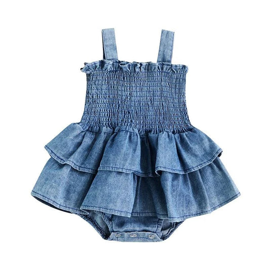 Baby Summer Denim Romper – Sleeveless, Ruffle Hem, Suspender Design wiDress your little one in style with this Baby Summer Denim Romper. Featuring a sleeveless design, ruffle hem, and a suspender style with snap buttons, this cute jumpShop All I WantShop All I WantBaby Summer Denim