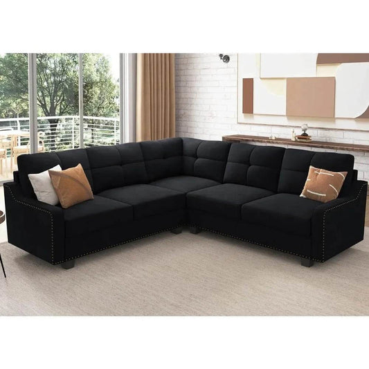 Convertible L-Shaped Velvet Black Sectional Sofa - Reversible Couch foElevate your living room with this versatile L-Shaped Sofa, designed to blend modern minimalism with traditional comfort. With its sponge filling and durable wooden Shop All I WantShop All I Want-Shaped Velvet Black Sectional Sofa - Reversible Couch