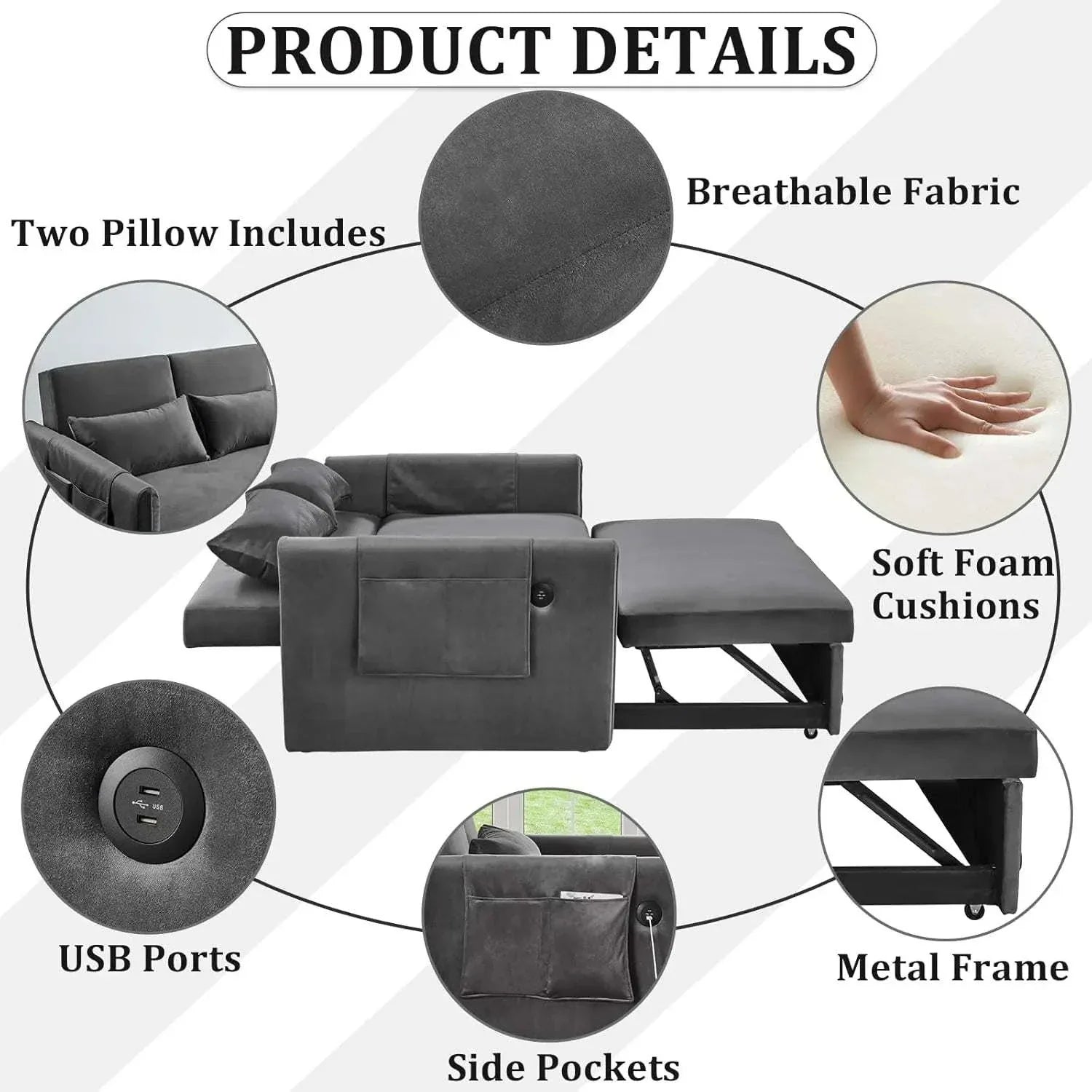 Adjustable Backrest Sofa Bed with USB Ports Shop All I Want Convertible Sofa Bed with USB Ports: Relax & Recharge 🛋️ | 55” ModernUpgrade your living space with the Convertible Sofa Bed that combines comfort, functionality, and modern style. This 55" velvet sofa bed features an adjustable backrShop All I WantShop All I Want55” Modern Velvet, Adjustable Backrest