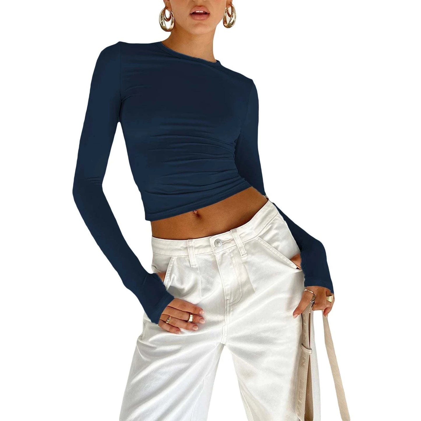 Slim Fit Long Sleeve Crop TopElevate your casual look with the Chic Long Sleeve Crew Neck Crop Top. Designed for the modern woman, this slim-fit tee features a trendy crew neck and convenient thSHOP ALL I WANTShop All I WantSlim Fit Long Sleeve Crop Top