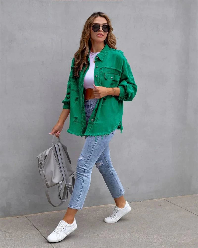Raw-Edges Denim Jacket | Casual Women’s Outerwear for Spring & Autumn Step out in style with this 2025 women’s raw-edges denim jacket, perfect for spring and autumn. Featuring a trendy shirt-style design with unique holes, this casual Shop All I WantShop All I WantRaw-Edges Denim Jacket