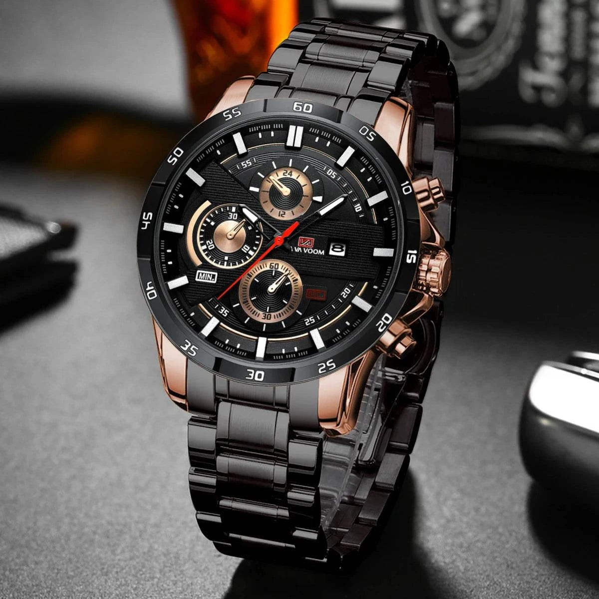 Men’s Sports Style Watch – 46mm Large Leather Racing Quartz Watch withThe Men’s Sports Style Watch is designed for the modern man who values both performance and style. This 46mm large watch features a striking black and rose gold coloShop All I WantShop All I WantSports Style Watch – 46mm Large Leather Racing Quartz Watch
