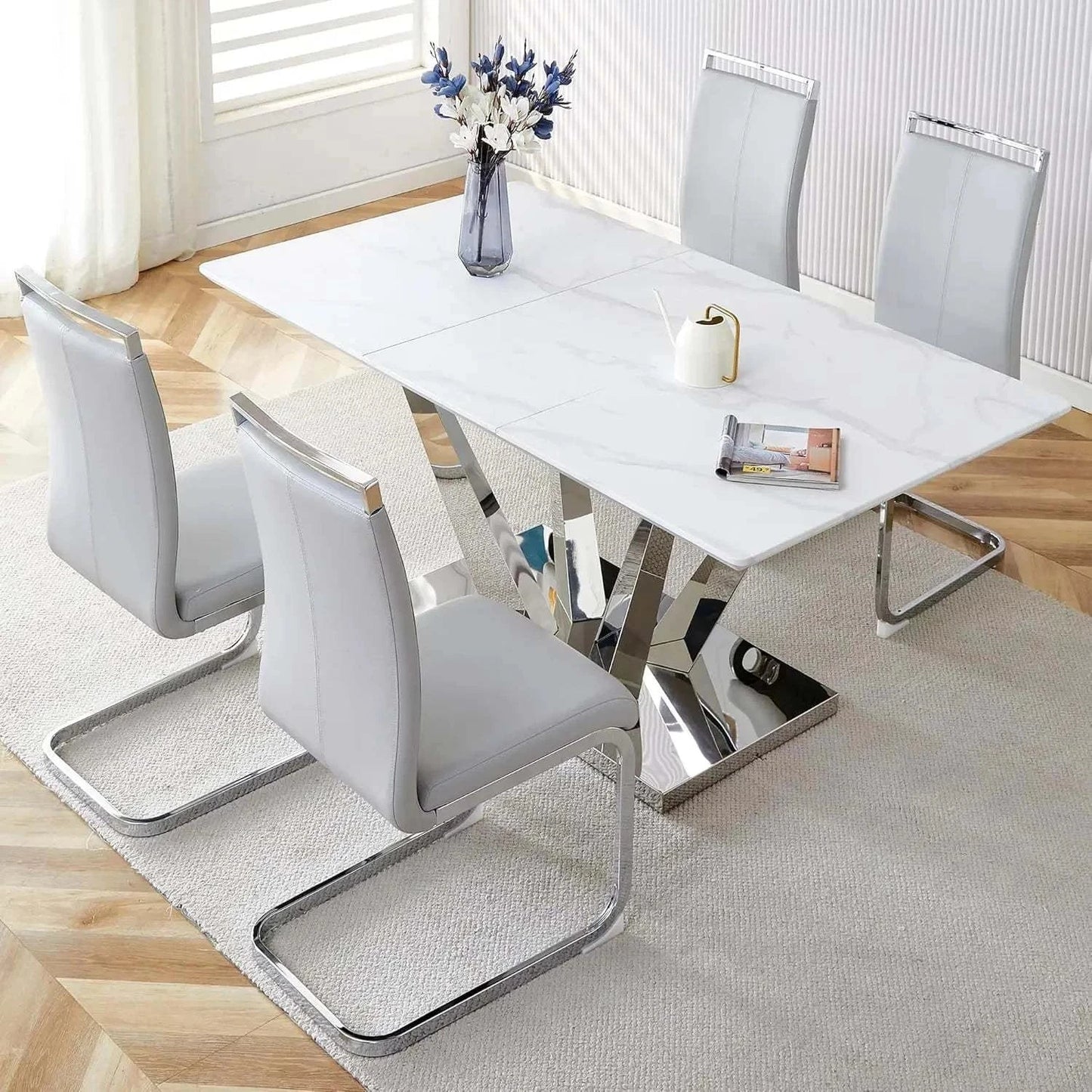 Shop All I Want 5-Piece Marble Dining Set 🍽️ | Table with Stainless Steel Base, Set fTransform your dining room with this elegant 5-Piece Marble Dining Set 🍽️, featuring a beautiful engineered wood and stainless steel combination for a sleek, modernShop All I WantShop All I Want4