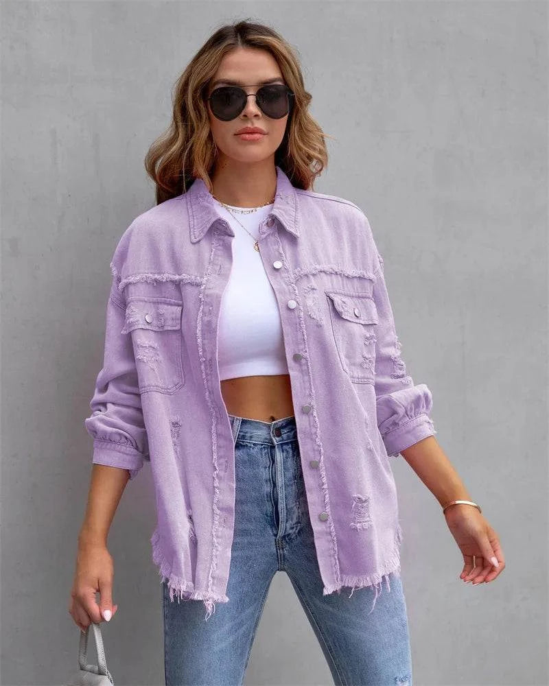 Raw-Edges Denim Jacket | Casual Women’s Outerwear for Spring & Autumn Step out in style with this 2025 women’s raw-edges denim jacket, perfect for spring and autumn. Featuring a trendy shirt-style design with unique holes, this casual Shop All I WantShop All I WantRaw-Edges Denim Jacket
