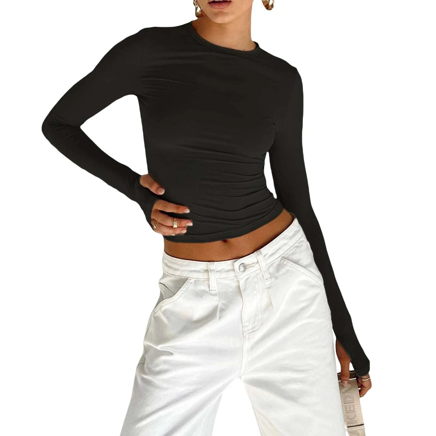 Slim Fit Long Sleeve Crop TopElevate your casual look with the Chic Long Sleeve Crew Neck Crop Top. Designed for the modern woman, this slim-fit tee features a trendy crew neck and convenient thSHOP ALL I WANTShop All I WantSlim Fit Long Sleeve Crop Top