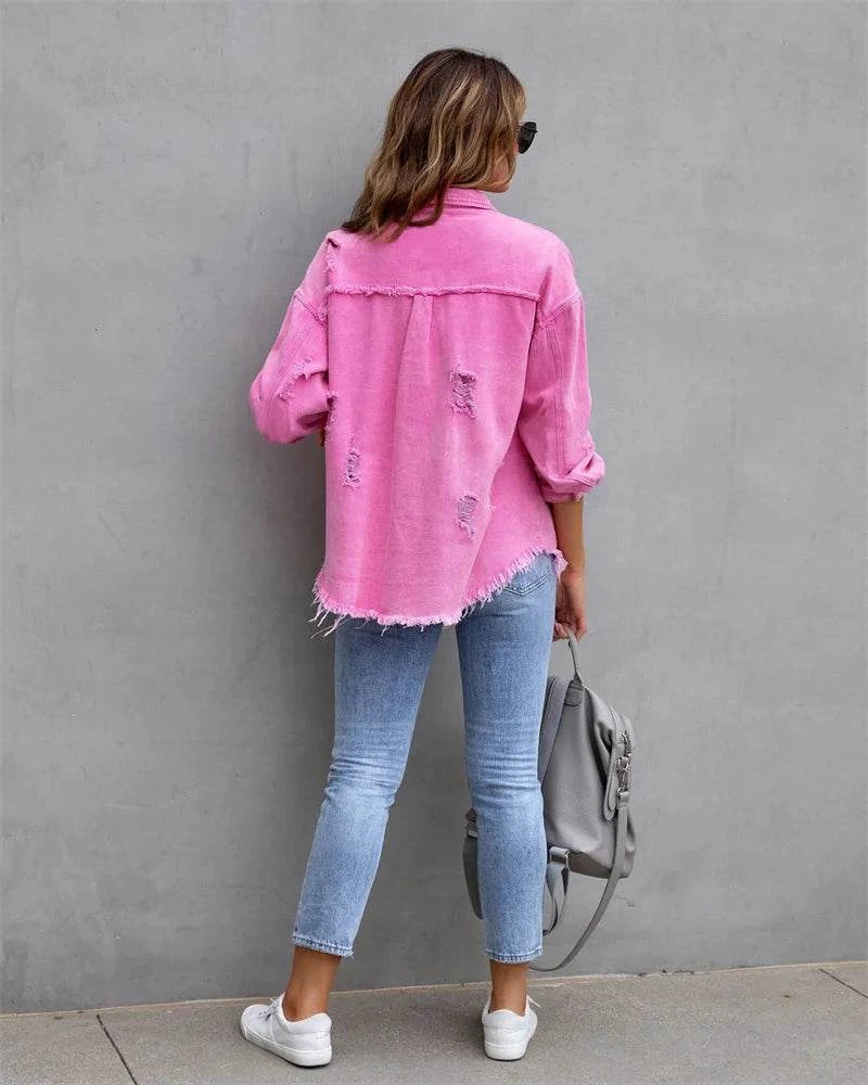 Raw-Edges Denim Jacket | Casual Women’s Outerwear for Spring & Autumn Step out in style with this 2025 women’s raw-edges denim jacket, perfect for spring and autumn. Featuring a trendy shirt-style design with unique holes, this casual Shop All I WantShop All I WantRaw-Edges Denim Jacket