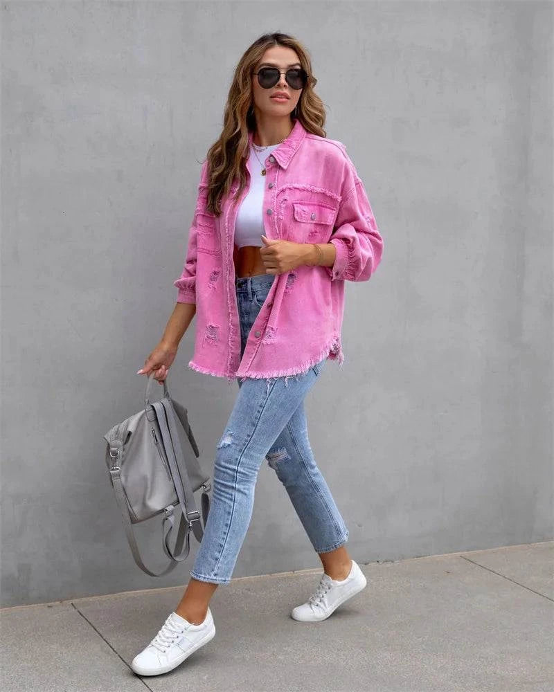 Raw-Edges Denim Jacket | Casual Women’s Outerwear for Spring & Autumn Step out in style with this 2025 women’s raw-edges denim jacket, perfect for spring and autumn. Featuring a trendy shirt-style design with unique holes, this casual Shop All I WantShop All I WantRaw-Edges Denim Jacket