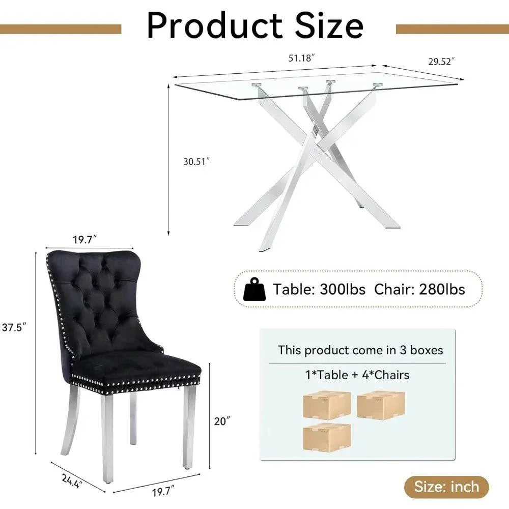Shop All I Want 5-Piece Glass Dining Set 🍽️ | 51” Rectangular Table with Velvet ChairTransform your dining area with the 5-Piece Glass Dining Set 🍽️, featuring a stunning 51” rectangular tempered glass table paired with luxurious velvet chairs. PerfShop All I WantShop All I Want4