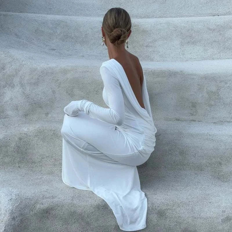 Chic Backless White Slim Fit Dress for Women - Elegant Pleated EveningMake a statement in this Chic Backless White Slim Fit Dress, the perfect choice for elegant evenings and special occasions. Featuring a flattering slim fit, this dreShop All I WantShop All I WantChic Backless White Slim Fit Dress