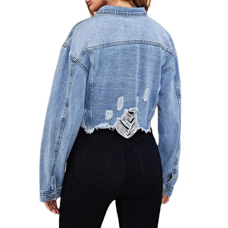 Shop All I Want Casual Women’s Torn Denim Jacket – European & American Street Fashion Elevate your casual wardrobe with this Casual Women’s Torn Denim Jacket, designed for those who embrace both European and American street fashion. Featuring stylish Shop All I WantShop All I WantTorn Denim Jacket – European & American Street Fashion Style 🇪🇺🇺🇸