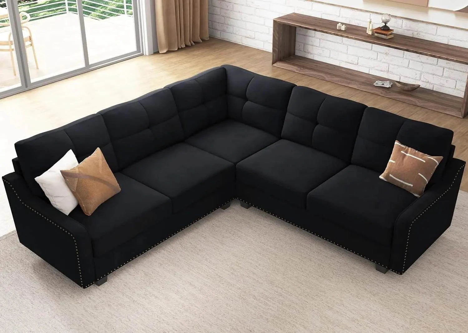 Convertible L-Shaped Velvet Black Sectional Sofa - Reversible Couch foElevate your living room with this versatile L-Shaped Sofa, designed to blend modern minimalism with traditional comfort. With its sponge filling and durable wooden Shop All I WantShop All I Want-Shaped Velvet Black Sectional Sofa - Reversible Couch