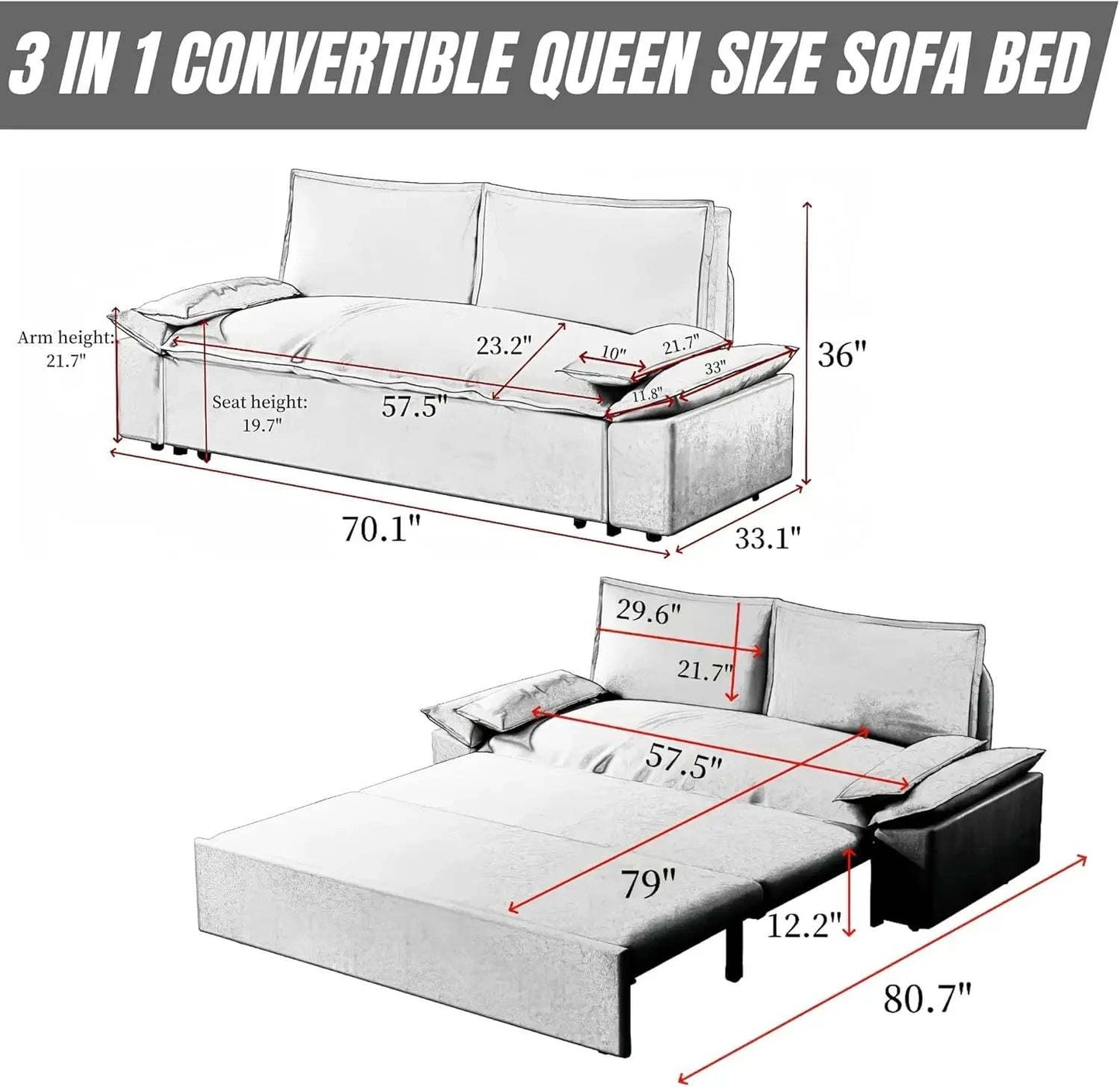 3-in-1 Convertible Queen Bed Sofa Size: 33.1 x 70.1 x 36Transform your sitting room designs with this Size: 33.1 x 70.1 x 36 3-in-1 Convertible Queen Bed Sofa, the perfect blend of style and versatility for modern home deShop All I WantShop All I Want-1 Convertible Queen Bed Sofa