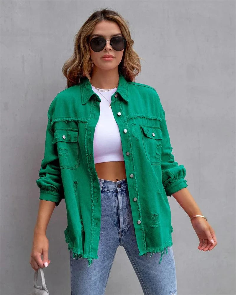 Raw-Edges Denim Jacket | Casual Women’s Outerwear for Spring & Autumn Step out in style with this 2025 women’s raw-edges denim jacket, perfect for spring and autumn. Featuring a trendy shirt-style design with unique holes, this casual Shop All I WantShop All I WantRaw-Edges Denim Jacket