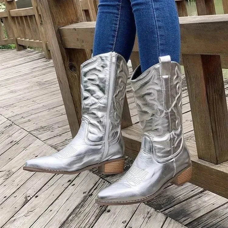 Gold Mid-Calf Cowboy BootsElevate your look with Gold Mid-Calf Cowboy Boots! ✨ Glamorous and stylish, ideal for Brooklyn nights or Miami days. 🤠SHOP ALL I WANTShop All I WantGold Mid-Calf Cowboy Boots