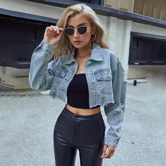 Long Sleeve Crop Denim Jacket for Women  🌼The Long Sleeve Crop Denim Jacket for Women is a must-have for your spring and autumn wardrobe. This stylish bomber jacket combines a trendy cropped silhouette with Shop All I WantShop All I WantLong Sleeve Crop Denim Jacket