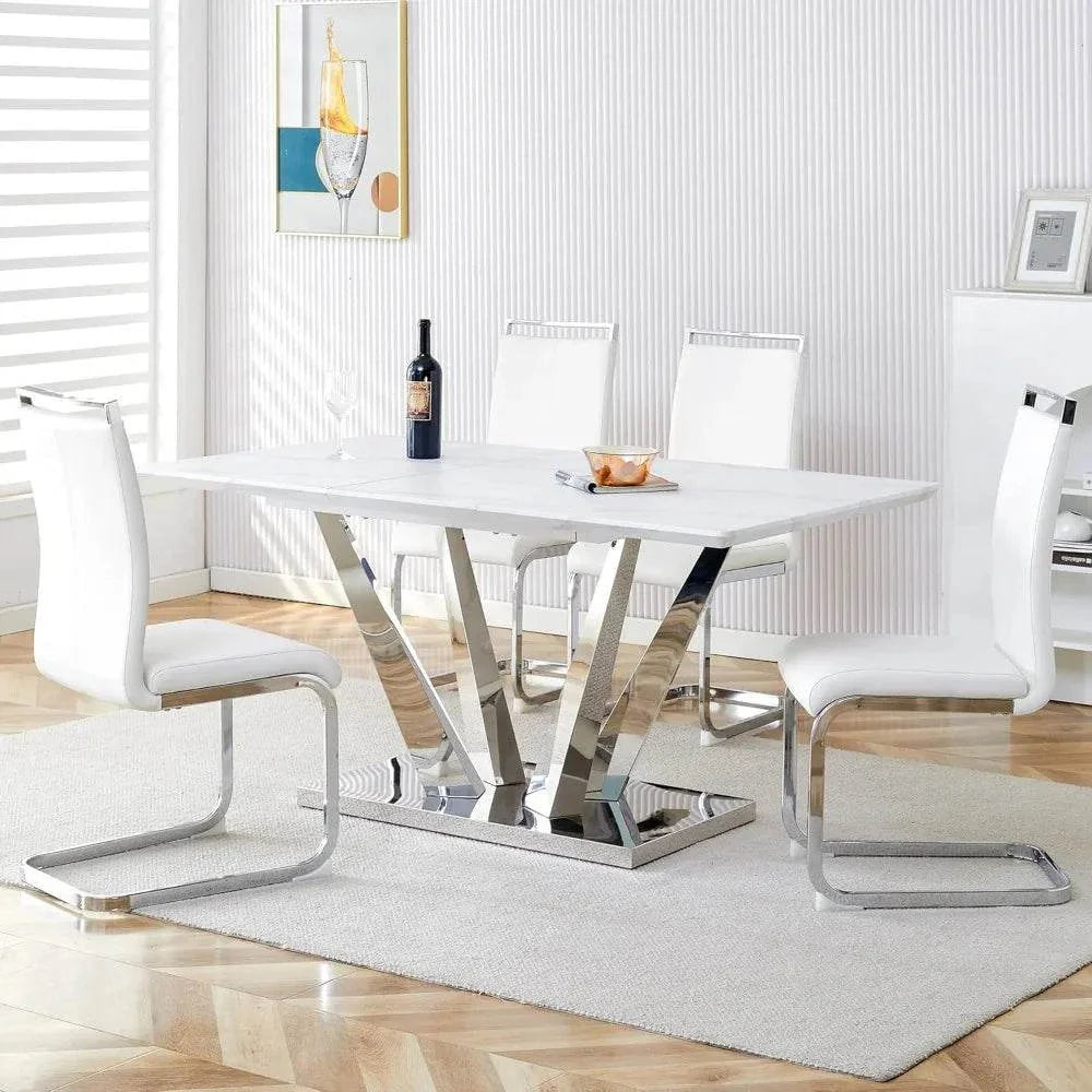 Shop All I Want 5-Piece Marble Dining Set 🍽️ | Table with Stainless Steel Base, Set fTransform your dining room with this elegant 5-Piece Marble Dining Set 🍽️, featuring a beautiful engineered wood and stainless steel combination for a sleek, modernShop All I WantShop All I Want4