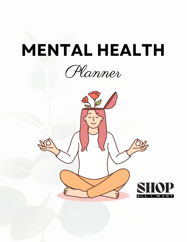 MENTAL HEALTH PLANNER - 56 pages cover with illustration of person meditating, designed for wellness and self-care.