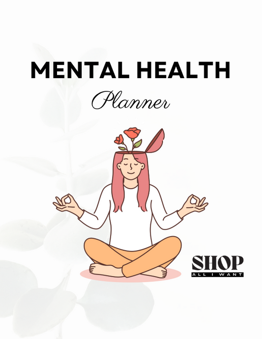 MENTAL HEALTH PLANNER - 56 pages cover with illustration of person meditating, designed for wellness and self-care.