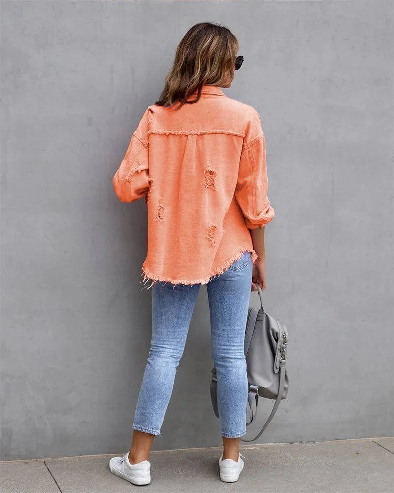 Raw-Edges Denim Jacket | Casual Women’s Outerwear for Spring & Autumn Step out in style with this 2025 women’s raw-edges denim jacket, perfect for spring and autumn. Featuring a trendy shirt-style design with unique holes, this casual Shop All I WantShop All I WantRaw-Edges Denim Jacket