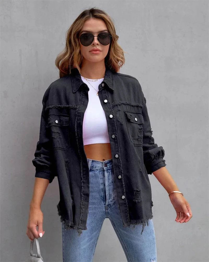 Raw-Edges Denim Jacket | Casual Women’s Outerwear for Spring & Autumn Step out in style with this 2025 women’s raw-edges denim jacket, perfect for spring and autumn. Featuring a trendy shirt-style design with unique holes, this casual Shop All I WantShop All I WantRaw-Edges Denim Jacket