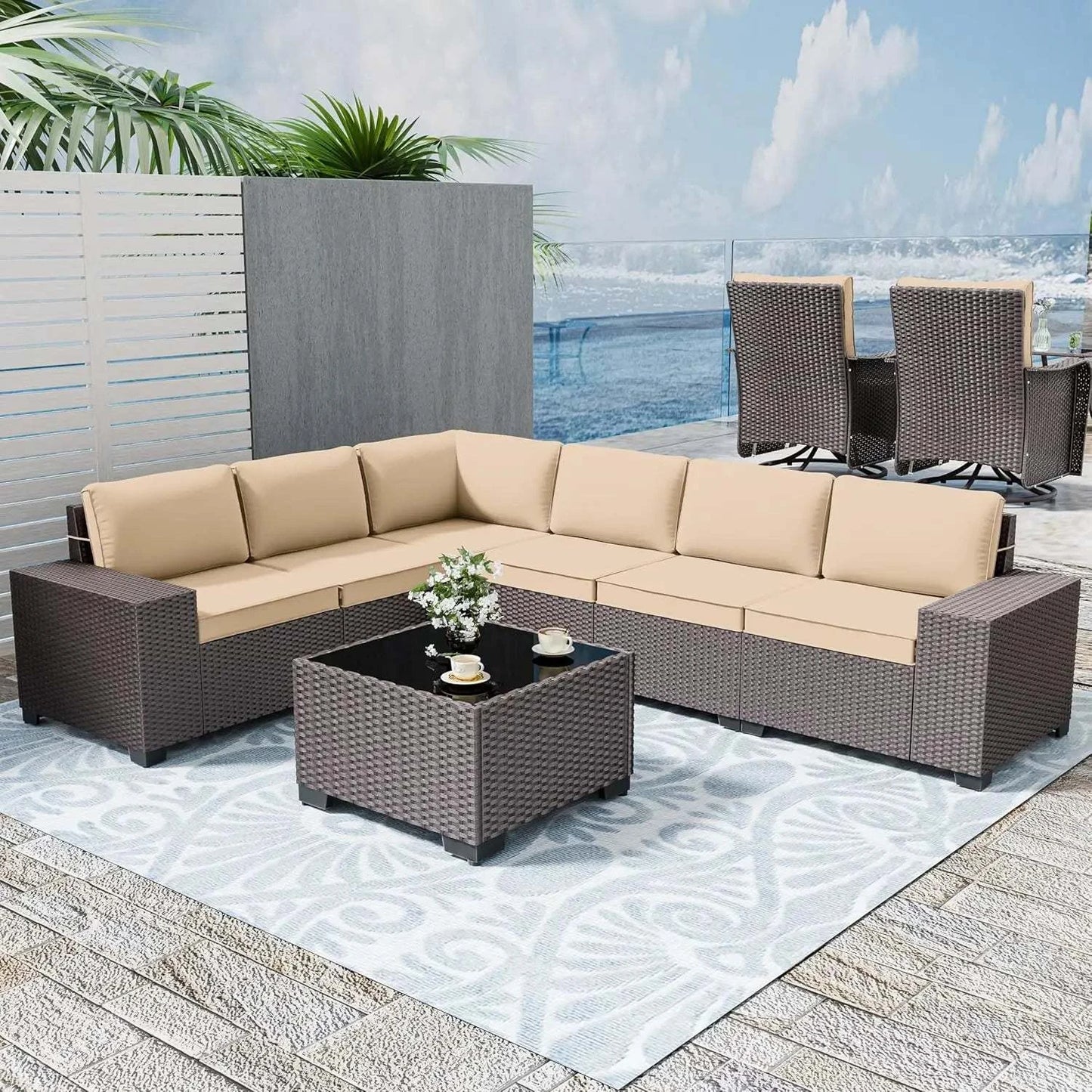 7-Piece Patio Sofa Set | Wicker Sectional with Glass Table 🌞Upgrade your outdoor living space with this beautiful 7-Piece Patio Sofa Set. Featuring a comfortable wicker sectional and a stylish glass table, this set is perfectShop All I WantShop All I Want7-Piece Patio Sofa Set