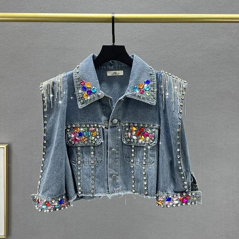Colorful Diamond Denim Jacket: Trendy Tassel & Rivet Style! ✨This eye-catching jacket features vibrant diamond embellishments and stylish tassels, perfect for making a bold fashion statement. With long sleeves and a comfortablShop All I WantShop All I WantColorful Diamond