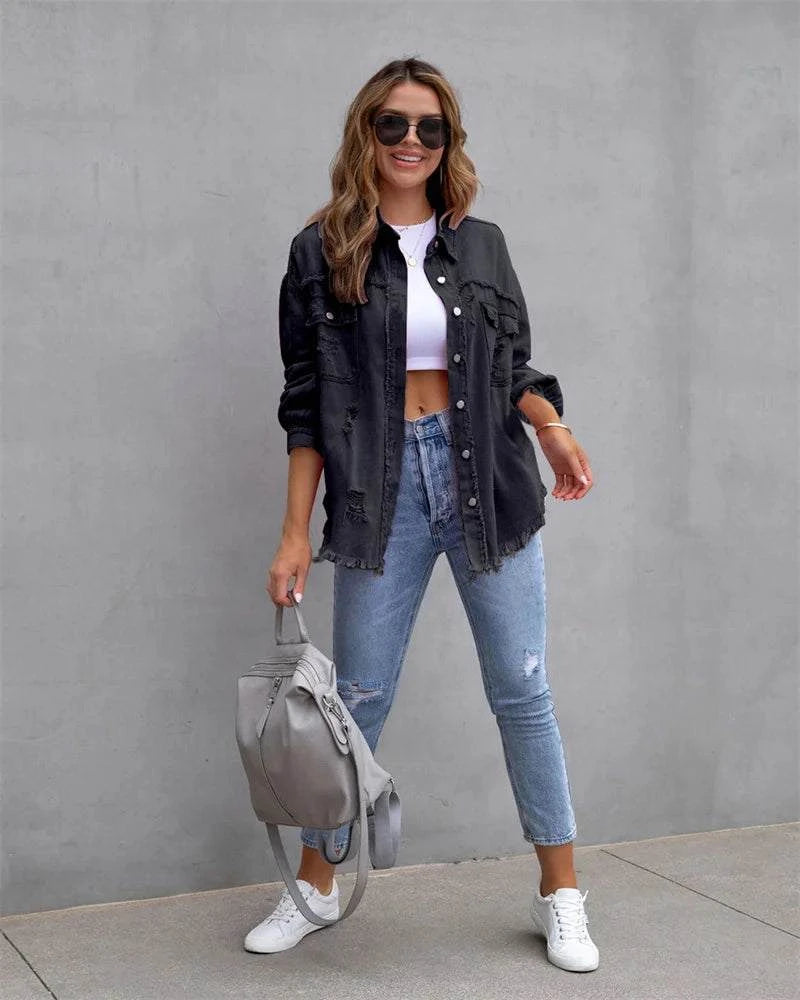 Raw-Edges Denim Jacket | Casual Women’s Outerwear for Spring & Autumn Step out in style with this 2025 women’s raw-edges denim jacket, perfect for spring and autumn. Featuring a trendy shirt-style design with unique holes, this casual Shop All I WantShop All I WantRaw-Edges Denim Jacket