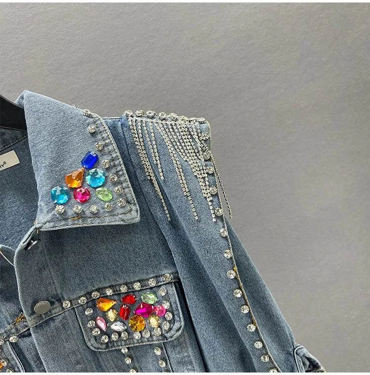 Colorful Diamond Denim Jacket: Trendy Tassel & Rivet Style! ✨This eye-catching jacket features vibrant diamond embellishments and stylish tassels, perfect for making a bold fashion statement. With long sleeves and a comfortablShop All I WantShop All I WantColorful Diamond