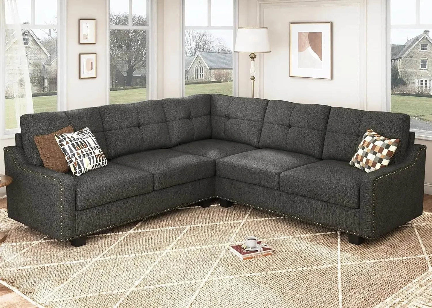 Convertible L-Shaped Velvet Black Sectional Sofa - Reversible Couch foElevate your living room with this versatile L-Shaped Sofa, designed to blend modern minimalism with traditional comfort. With its sponge filling and durable wooden Shop All I WantShop All I Want-Shaped Velvet Black Sectional Sofa - Reversible Couch