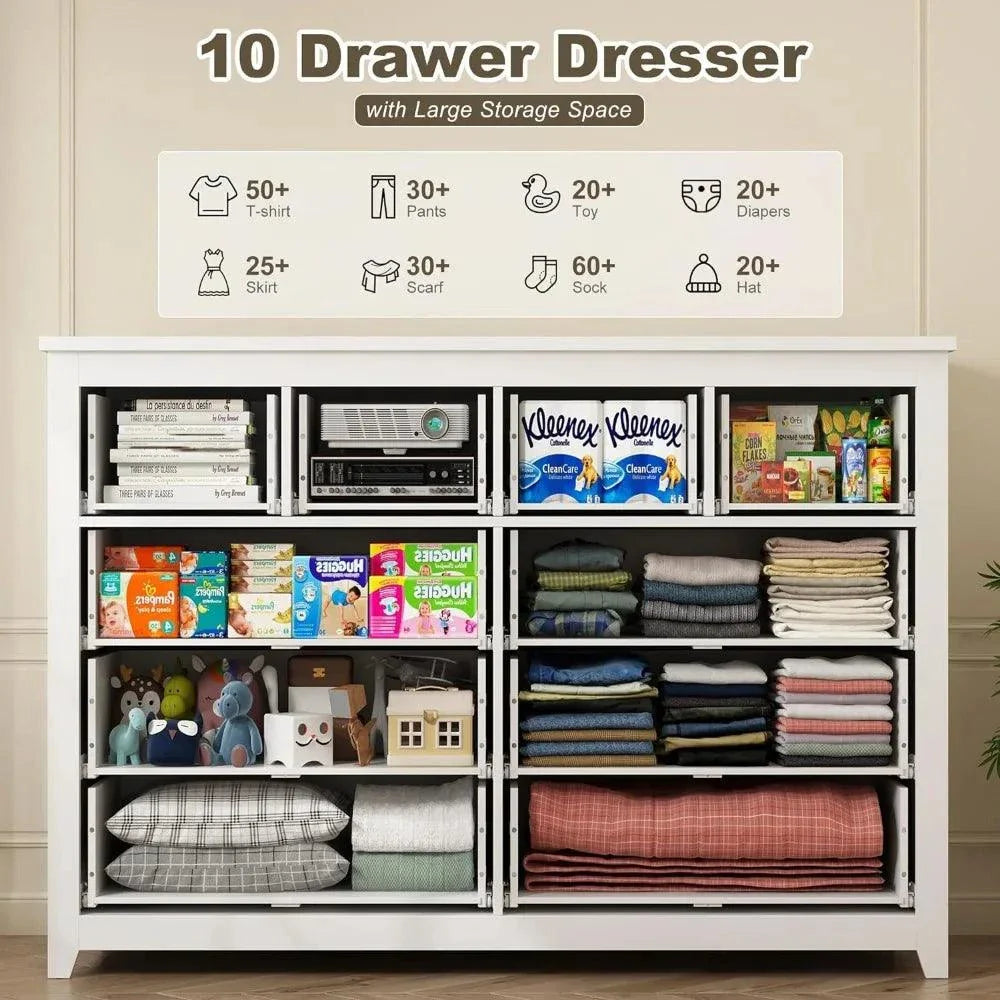 Modern white dresser Shop All I Want Bedroom Dresser with 10 Drawers, Wood with Smooth Metal Rails, White, This sleek, modern bedroom dresser offers both style and storage, with 10 spacious drawers designed for easy organization. Made from wood with smooth metal rails, itShop All I WantShop All I WantSmooth Metal Rails, White, 52