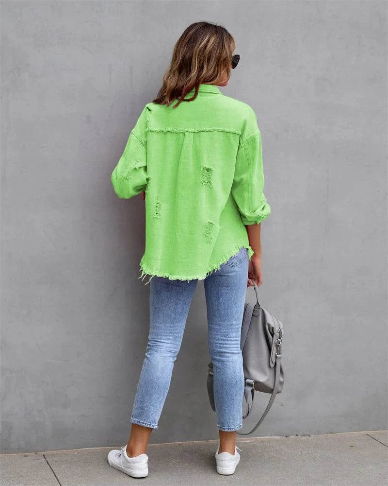 Raw-Edges Denim Jacket | Casual Women’s Outerwear for Spring & Autumn Step out in style with this 2025 women’s raw-edges denim jacket, perfect for spring and autumn. Featuring a trendy shirt-style design with unique holes, this casual Shop All I WantShop All I WantRaw-Edges Denim Jacket
