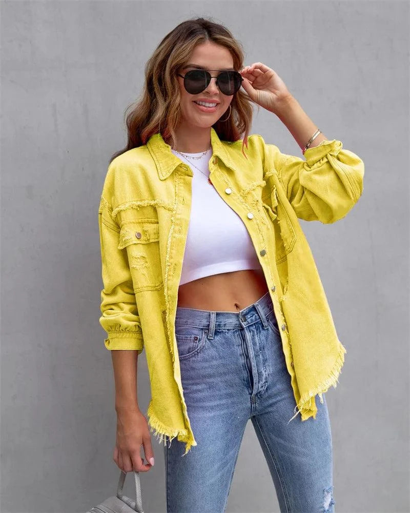 Raw-Edges Denim Jacket | Casual Women’s Outerwear for Spring & Autumn Step out in style with this 2025 women’s raw-edges denim jacket, perfect for spring and autumn. Featuring a trendy shirt-style design with unique holes, this casual Shop All I WantShop All I WantRaw-Edges Denim Jacket