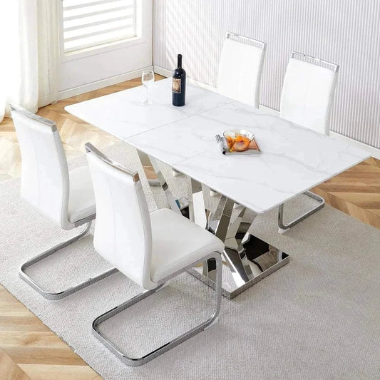 Shop All I Want 5-Piece Marble Dining Set 🍽️ | Table with Stainless Steel Base, Set fTransform your dining room with this elegant 5-Piece Marble Dining Set 🍽️, featuring a beautiful engineered wood and stainless steel combination for a sleek, modernShop All I WantShop All I Want4