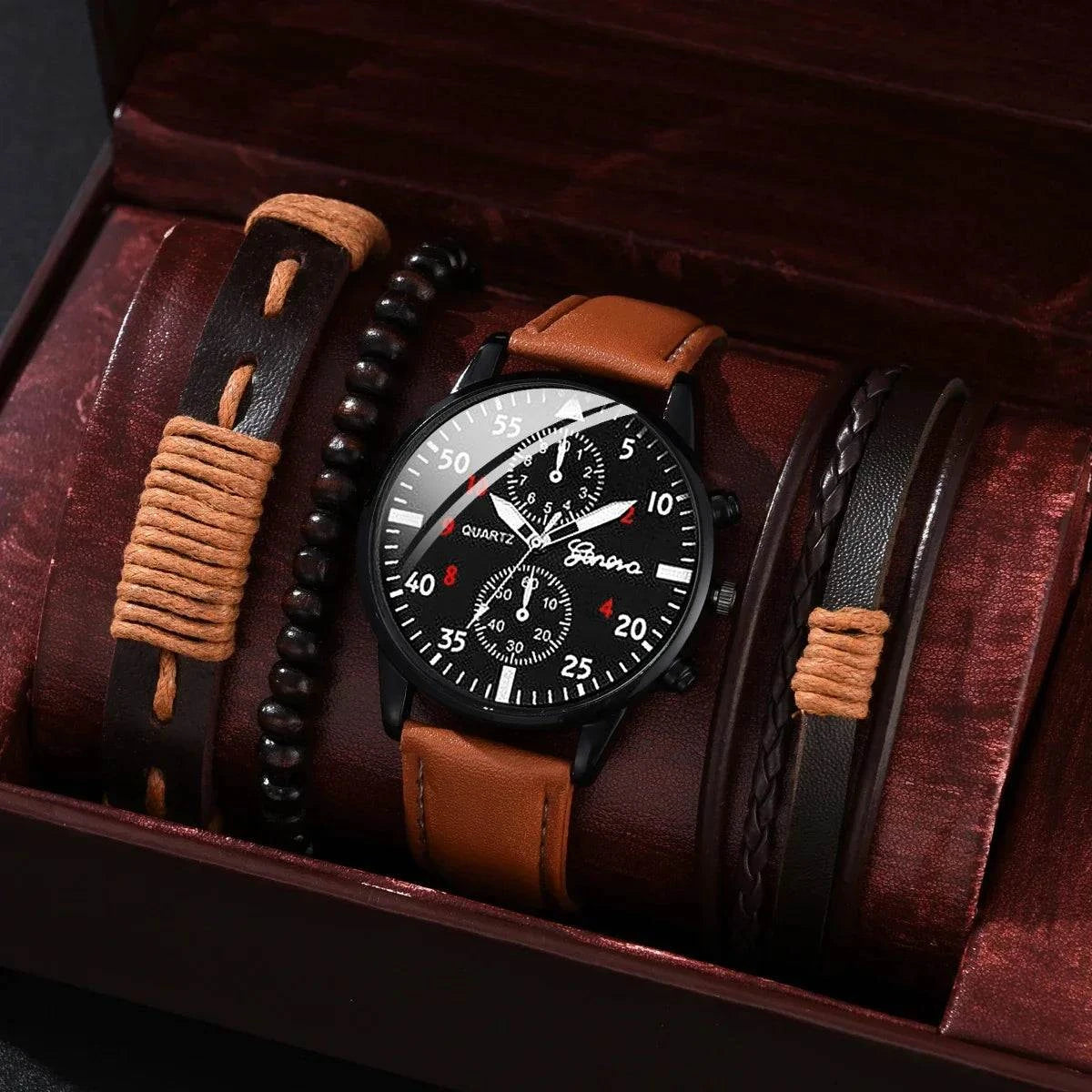 Men's Sports Watches Set | Luxury Quartz Wristwatch with Leather BraceElevate your style with this men's sports watches set, featuring a luxurious quartz wristwatch and a brown leather bracelet. This casual clock watch is perfect for bShop All I WantShop All I WantSports Watches Set