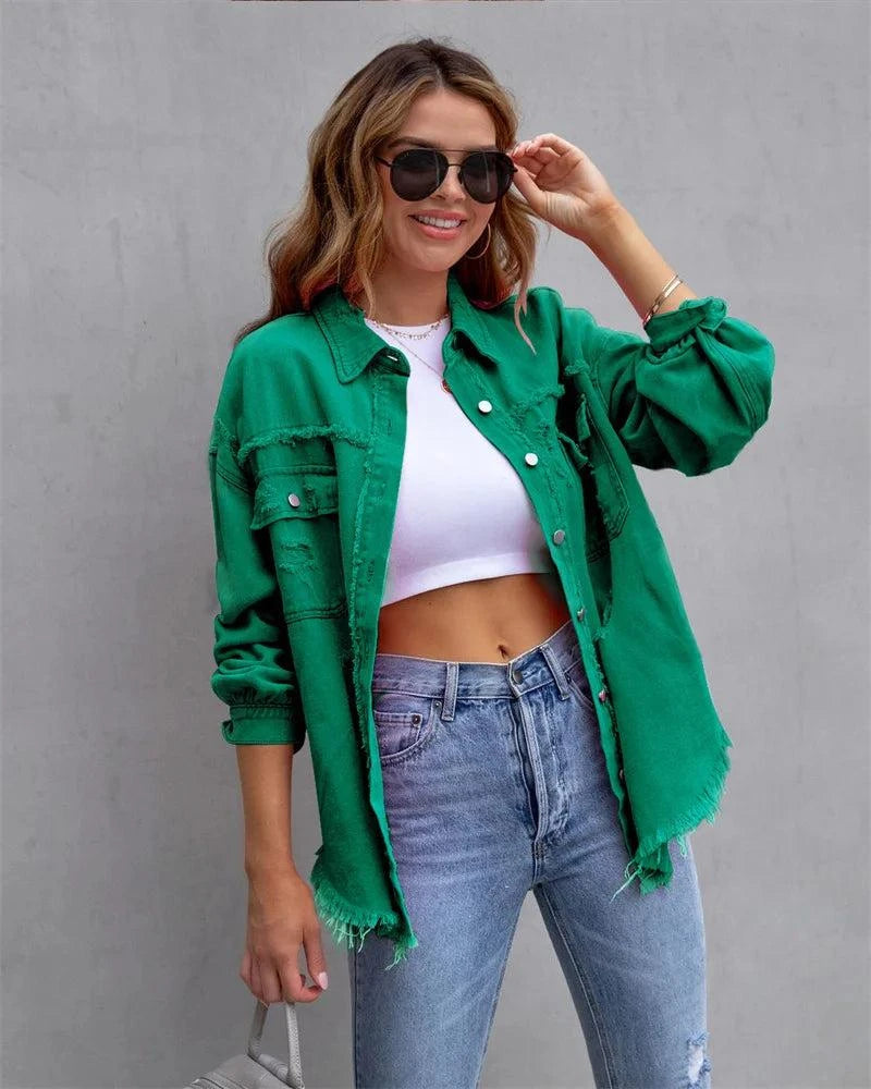 Raw-Edges Denim Jacket | Casual Women’s Outerwear for Spring & Autumn Step out in style with this 2025 women’s raw-edges denim jacket, perfect for spring and autumn. Featuring a trendy shirt-style design with unique holes, this casual Shop All I WantShop All I WantRaw-Edges Denim Jacket