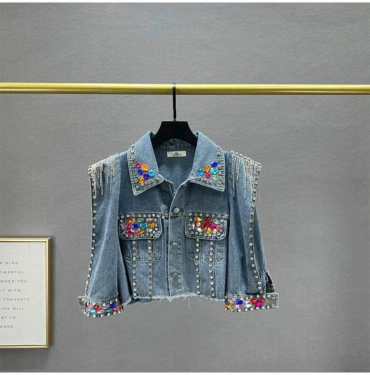 Colorful Diamond Denim Jacket: Trendy Tassel & Rivet Style! ✨This eye-catching jacket features vibrant diamond embellishments and stylish tassels, perfect for making a bold fashion statement. With long sleeves and a comfortablShop All I WantShop All I WantColorful Diamond