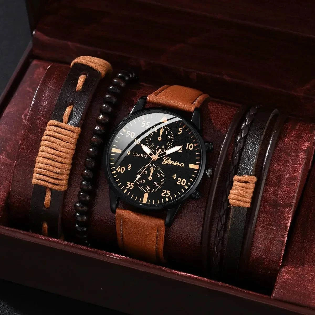 Men's Sports Watches Set | Luxury Quartz Wristwatch with Leather BraceElevate your style with this men's sports watches set, featuring a luxurious quartz wristwatch and a brown leather bracelet. This casual clock watch is perfect for bShop All I WantShop All I WantSports Watches Set