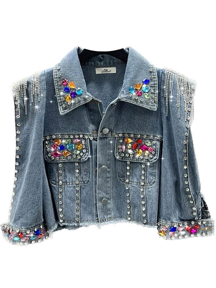 Colorful Diamond Denim Jacket: Trendy Tassel & Rivet Style! ✨This eye-catching jacket features vibrant diamond embellishments and stylish tassels, perfect for making a bold fashion statement. With long sleeves and a comfortablShop All I WantShop All I WantColorful Diamond